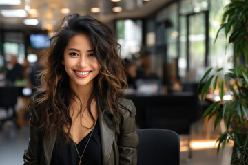 a beautiful asian woman smiling at her workplace in a corporate office.