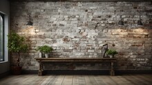 White Brick Wall Background Or Wallpaper With Wooden Tables