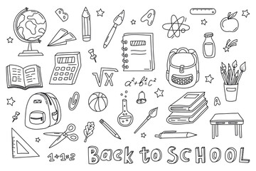 hand drawn school supplies. back to school concept. school object collection, doodle . sketch icon s