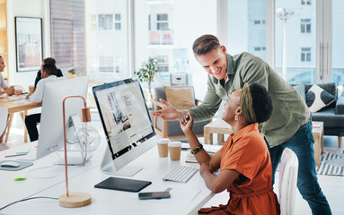 Wall Mural - When great minds come together, so do great things. Cropped shot of two young business colleagues having a discussion and working on a computer together in the office.