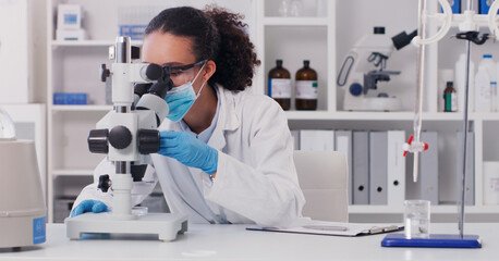 Wall Mural - science, vaccine and microscope with woman in laboratory for expert research, medical and planning. 
