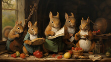 Oil Painting Squirrel Family In The Style Of Old Flemish Masters
