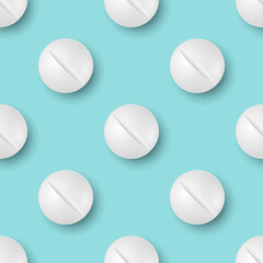 Wall Mural - Vector Seamless Pattern with 3d Realistic White Round Pharmaceutical Medical Pill, Capsule, Tablet Closeup On Blue Background. Front View. Medicine, Health Concept