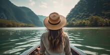 Back View Of The Young Woman Tourist In Straw Hat Relaxing On The Boat And Looking Forward Into Sea. Travelling Tour In Asia, Generative Ai