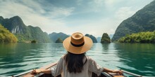 Back View Of The Young Woman Tourist In Straw Hat Relaxing On The Boat And Looking Forward Into Sea. Travelling Tour In Asia, Generative Ai