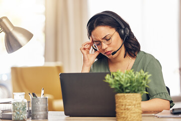 Aufkleber - Remote work, laptop and woman with a headache, headphones and fatigue with health issue. Female person, freelancer and telemarketing agent with a migraine, burnout and overworked with pain and tired