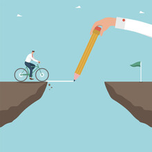 Help Or Mentorship In Paving Way To Achieve Goal, Creative Solutions To Get Out Of Difficult Situations, Strategic Planning For Great Success, Hand With Pencil Draws Path Over Cliff For Man On Bicycle