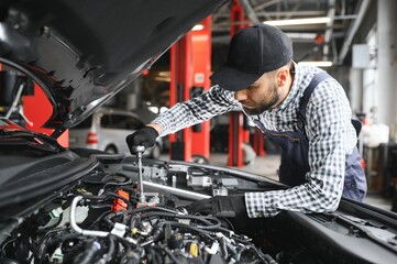 Wall Mural - Adult man in blue colored uniform works in the automobile salon.