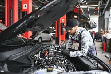 Wall Mural - Mechanic examining under hood of car at the repair garage