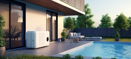 Poster - luxury home with swimming pool. air conditioning house facade. Air heat pump beside house, 3D illustration