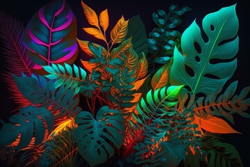 Colorful tropical foliage illuminated by neon lights. Generative AI