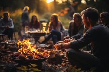 a group of people sitting around a fire pit. autumn, thanksgiving arty, fall decor.