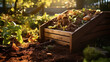 a wooden compost bin, open lid revealing layers of compostable materials - grass clippings, leaves, fruit peels, soft, warm morning light casting long shadows