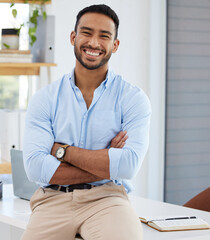 Poster - Portrait, writer and business man with arms crossed in office, workplace or company. Face, confidence and happy Asian male professional, entrepreneur or copywriter from Singapore with success mindset
