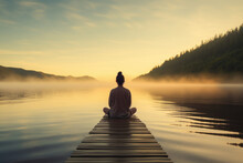 Young Woman Meditating On A Wooden Pier On The Edge Of A Lake To Improve Focus