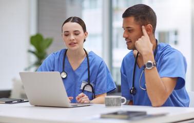 Aufkleber - Teamwork, laptop and medical with doctors in hospital boardroom for planning, research and help. Medicine, healthcare and collaboration with man and woman for strategy, internet and meeting