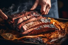Traditional Texas BBQ Grilled Brisket Meat Holding In Hands Generative AI