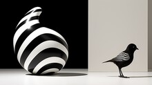 3d Art Composition With A Striped Inverted Comma Shape And A Small Black Bird With Striped Wings. Black And White Design. Illustration For Cover, Card, Postcard, Interior Design, Decor Or Print.