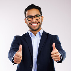 Aufkleber - Accept, glasses and portrait of business man happy in agreement with vision and isolated in a white studio background. Corporate, employee and portrait of entrepreneur with yes or thank you gesture
