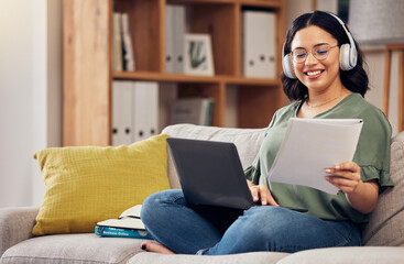 Poster - Laptop, documents and remote work with a freelance woman working online for a business startup. Computer, music and headphones with a happy young female entrepreneur reading information in her home