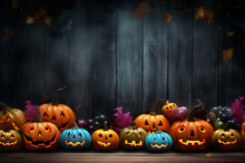 Spooky Halloween Illustration, Pumpkins Castle, Dark, Cartoon Style For Kids. High Quality Photo
