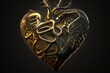 Black background, metal heart with golden veins conveying cruelty and rudeness. Generative AI