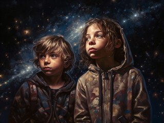 Two young children fascinated by the night sky Generative Ai