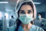 Fototapeta Lawenda - Health care and medicine concept. Close-up portrait of doctor woman with surgical or medicine mask looking at camera. Model wearing medicine clothes. Generative AI