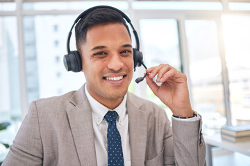 Canvas Print - Happy man, portrait and call center with headphones in customer support, service or telemarketing at office. Male person, consultant or agent smile for online advice, help or contact us at workplace