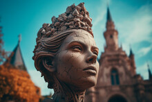 Stone Head Of A Woman On The Background Of The Castle. Generative AI