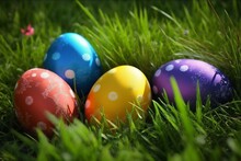 Colorful Easter Eggs On The Grass. Generative AI