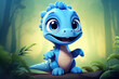 Cute smiling blue baby cartoon dinosaur dragon with big eyes