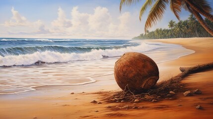  a painting of a coconut on a beach with waves coming in.  generative ai