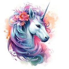  cute unicorn in watercolor style isolated on white background, Generative AI