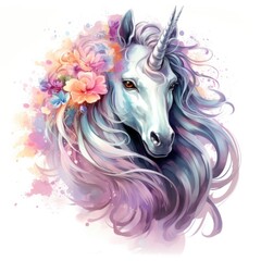  cute unicorn in watercolor style isolated on white background, Generative AI
