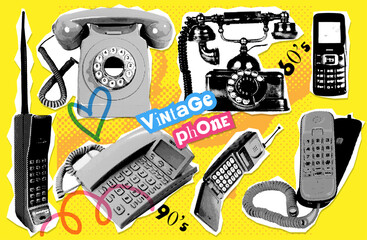 Wall Mural - Set of halftone collage elements with phones with handset. TelePhone evolution. Vector dotted textured illustration. Retro torned stickers with cut out paper elements.