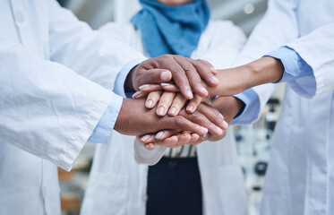 Poster - Closeup, hands and group in a hospital, healthcare or scientists with support, motivation or solidarity. Zoom, coworkers or medical professional with teamwork, collaboration or team building in a lab