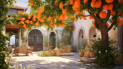 Wall Mural -  an orange tree in front of a house with potted plants.  generative ai