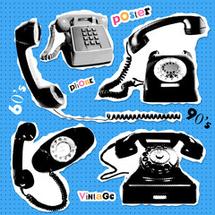 Set of old fashioned phones with handsets in halftone dotted style. Isolated collage paper stickers. Offset printing style imitation. Vector illustration.