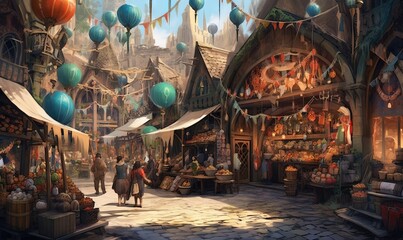 Poster -  a painting of a market with people walking through it and lots of balloons.  generative ai