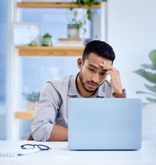 Aufkleber - Business, burnout and man with a headache, laptop and overworked with health problem, professional and error. Male person, employee or consultant with a pc, burnout and migraine with network glitch