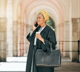 Canvas Print - Black woman with coffee, phone call and attorney outside court with smile, consulting on legal advice and walking to work. Cellphone, law firm judge or lawyer networking, talking and chat in city.