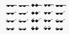 Vector Black And White Pixel Boss Glasses Icon Set In 8 Bit Retro Style. Summer Meme Game Thug Design, Mafia Gangster Funky Sunglasses. Rap Music Design Element