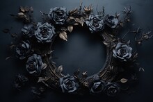 Generative AI, Close Up Wreath, Blooming Flowerbeds Of Amazing Black Flowers On Dark Moody Floral Textured Background.