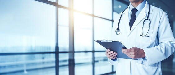 Quality medical services. Male doctor in uniform making notes on clipboard while standing in hospital corridor, panorama, with copy space, digital ai