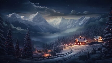 Wall Mural - Christmas house in the snowy mountains. Generative AI