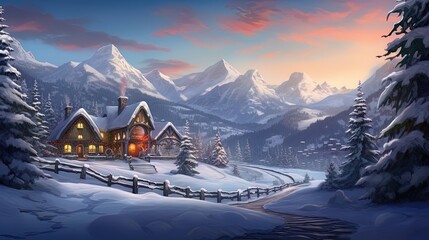 Wall Mural - Christmas house in the snowy mountains. Generative AI