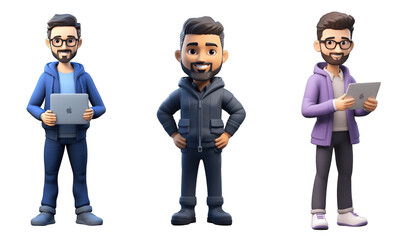 set of funny cartoon hipster software engineer 3d avatar character