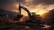 Sunset Construction. Excavator Hard At Work During Golden Hour. AI Generative