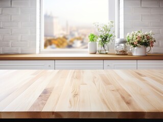 Wall Mural - Empty wooden tabletop, bokeh view of modern kitchen interior. Product and food display Generative ai